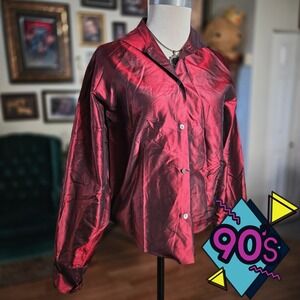 Vintage 90s Romeo Gigli Iridescent Taffeta Shirt Burgundy Red Button-Up Blouse